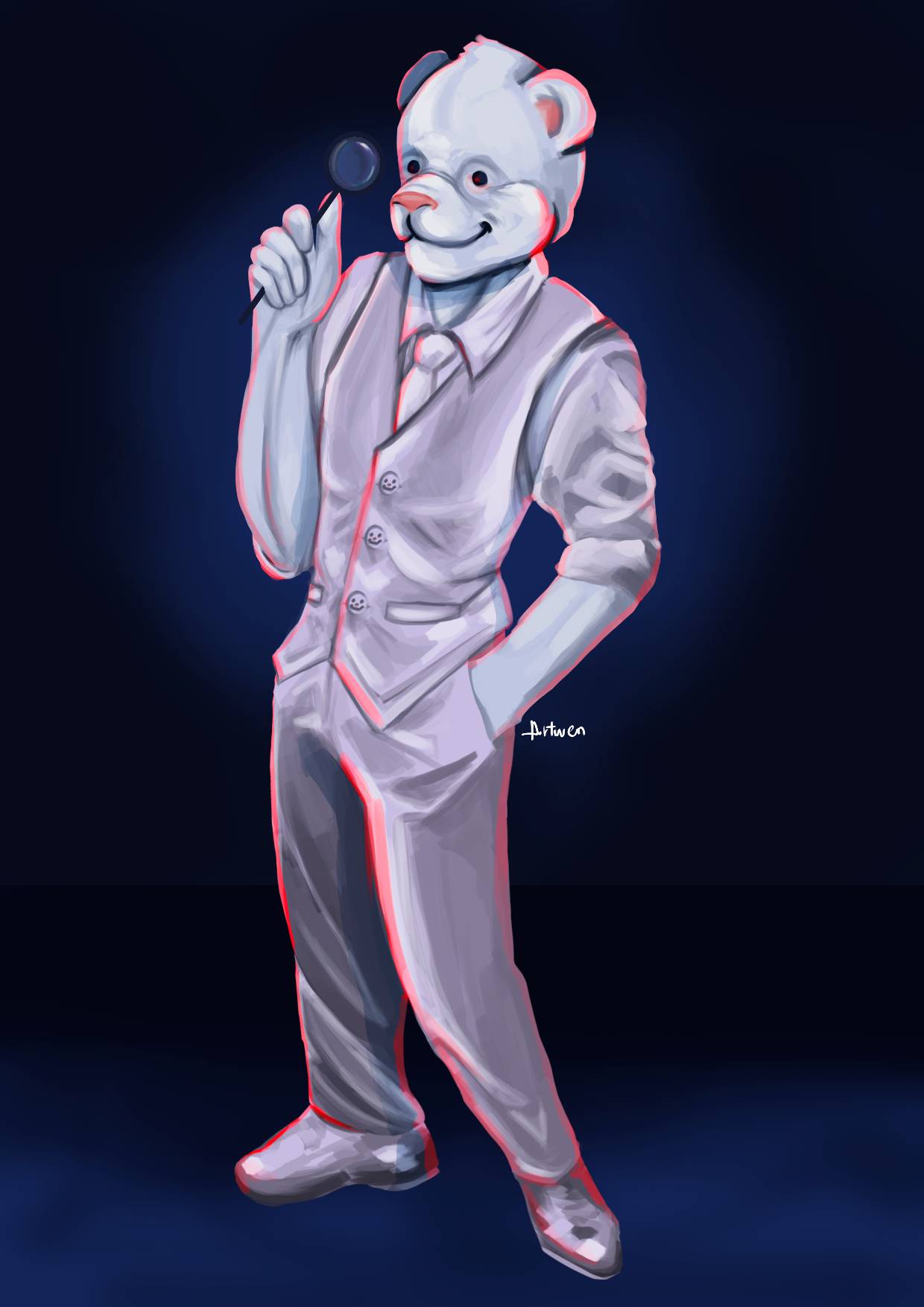 A drawing of Cucurucho in a more realistic depiction. He is a polar bear wearing a white suit minus the jacket and holding a magnifying glass to his eye.